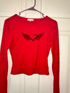 Red Long Sleeve Tee with Winged Heart Graphic - Women